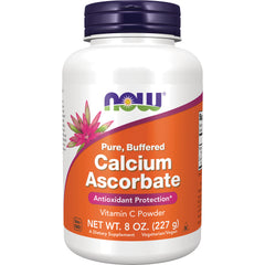 NWF594 | NOW Pure, Buffered Calcium Ascorbate vitamin C powder bottle with orange label, NET WT. 8 OZ (227 g)