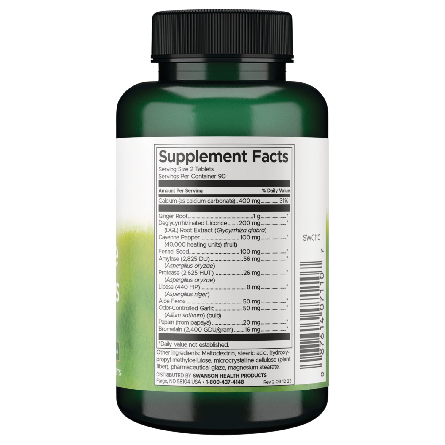 SWC110 | Back of green supplement bottle with Supplement Facts panel and barcode, serving size 2 tablets