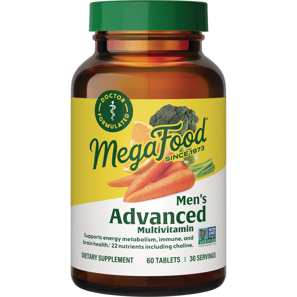 MGF070 | MegaFood Men's Advanced Multivitamin amber bottle with yellow label showing carrots and broccoli, 60 tablets - Thumbnail