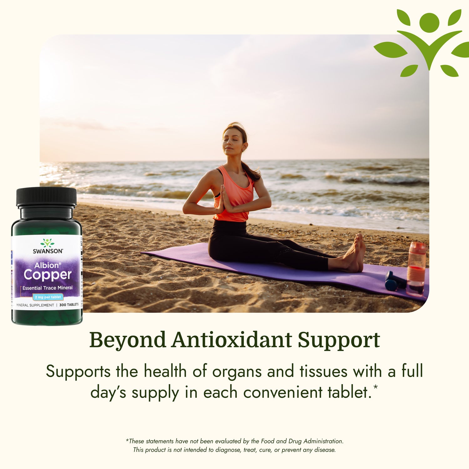 SW223 | Woman meditating on a beach beside Swanson Albion Copper supplement bottle, with promotional text