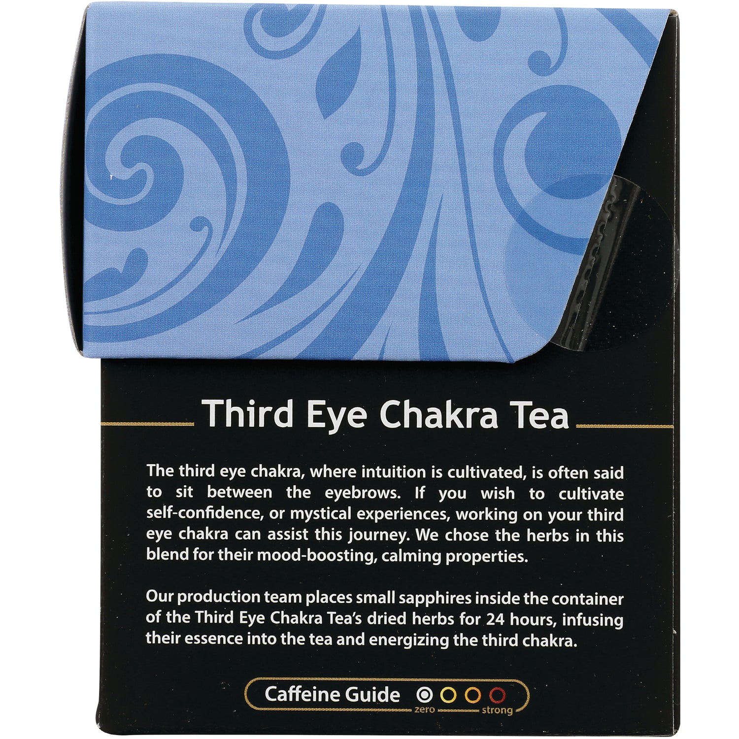 BUD010 | back panel of Third Eye Chakra Tea box showing product description and caffeine guide