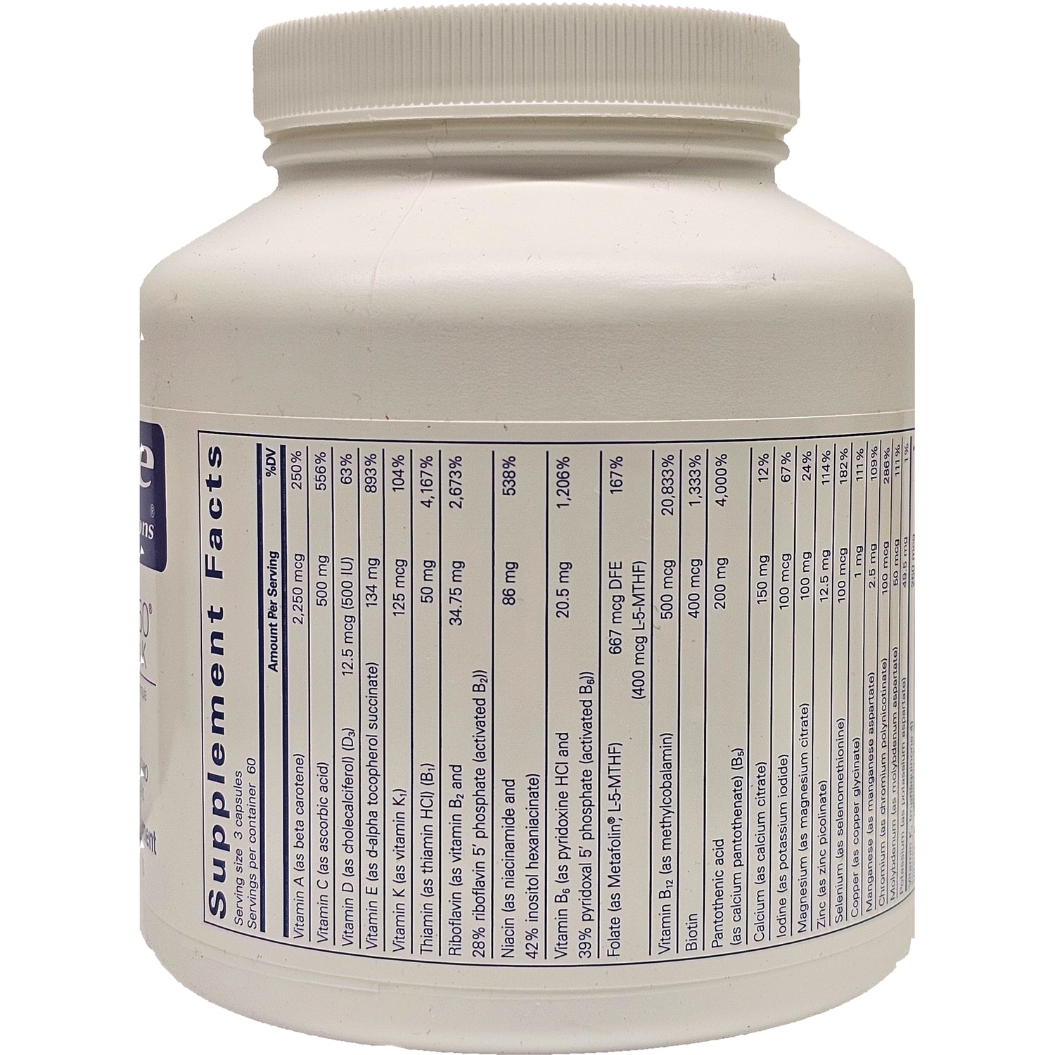 PRN006 | Back label showing Supplement Facts panel and ingredient dosage table on white plastic jar