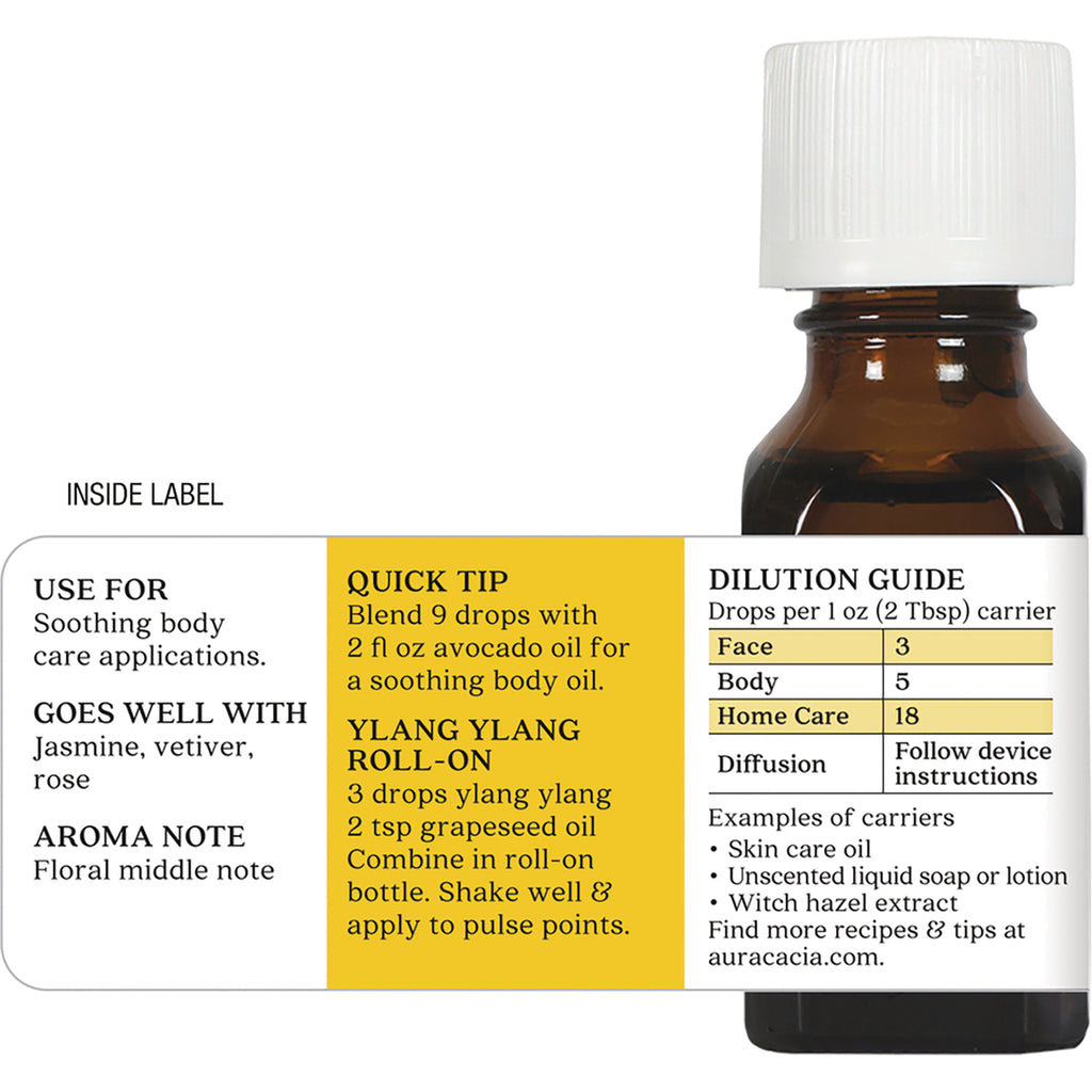 ARC008 | Back label with dilution guide, quick tip, uses and aroma note next to brown essential oil bottle - Thumbnail