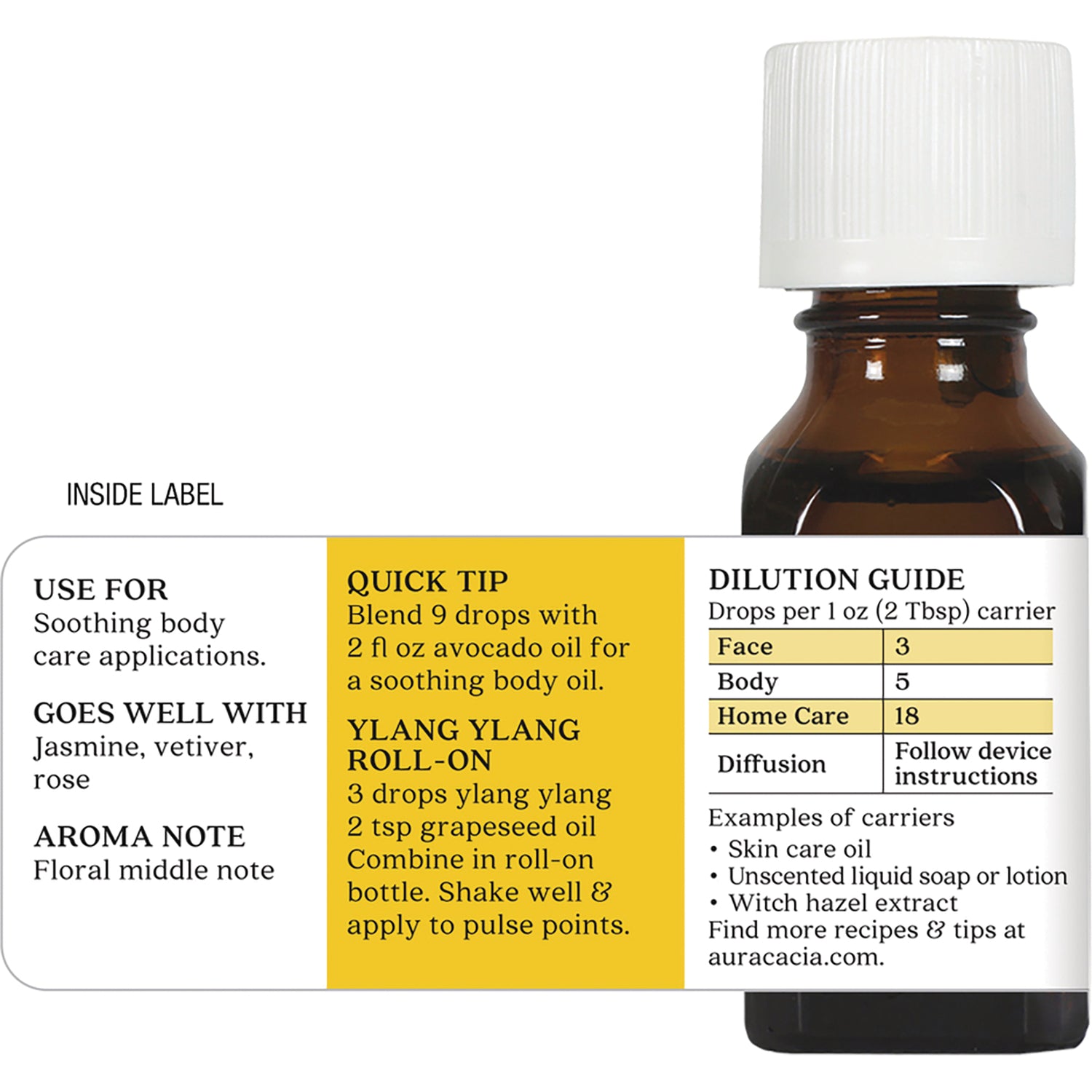 ARC008 | Back label with dilution guide, quick tip, uses and aroma note next to brown essential oil bottle