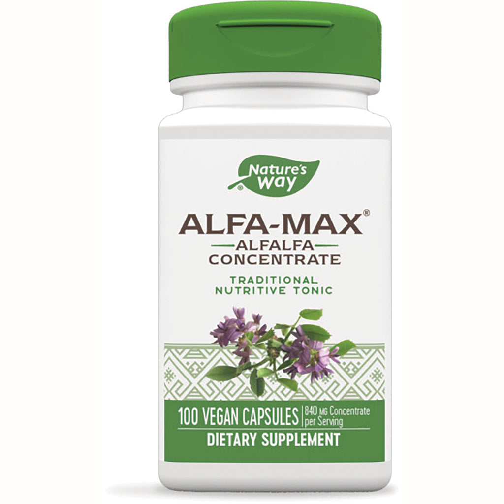 NW107 | Nature's Way ALFA-MAX alfalfa concentrate white bottle with green cap labeled 100 vegan capsules dietary supplement - Thumbnail