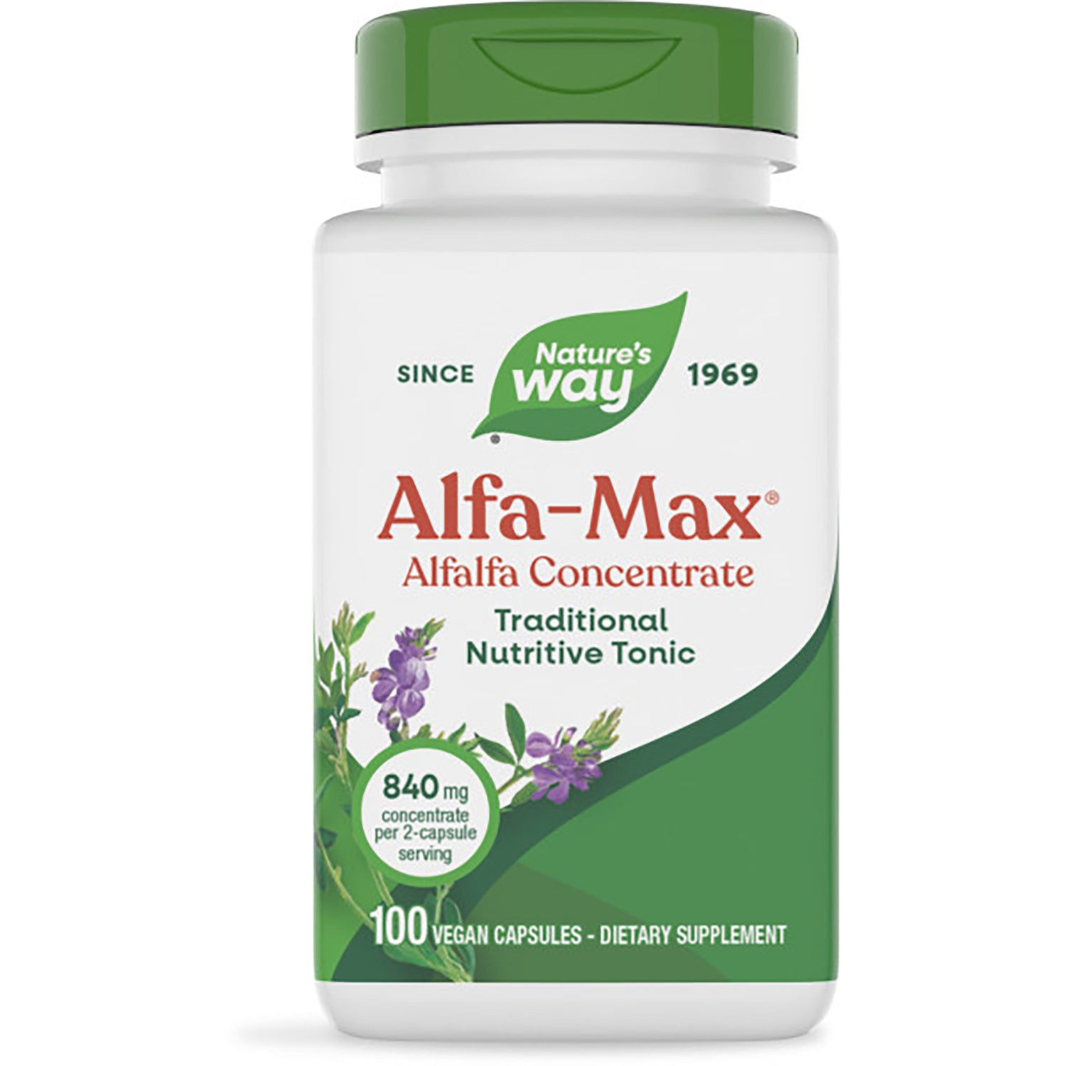 NW107 | Nature's Way ALFA-MAX alfalfa concentrate white bottle with green cap labeled 100 vegan capsules dietary supplement