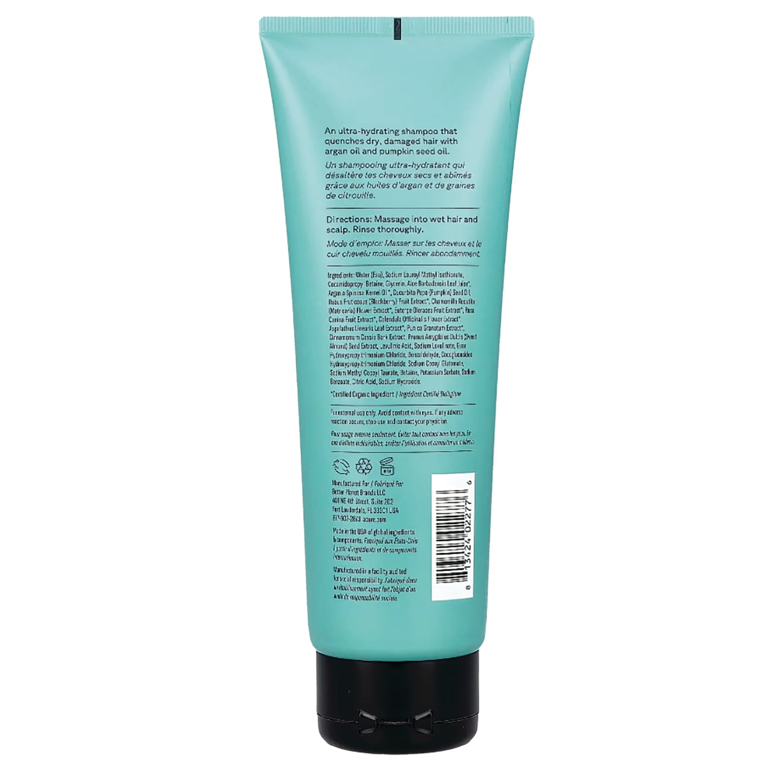 ACR095 | Back of teal shampoo tube showing directions, ingredient list and barcode