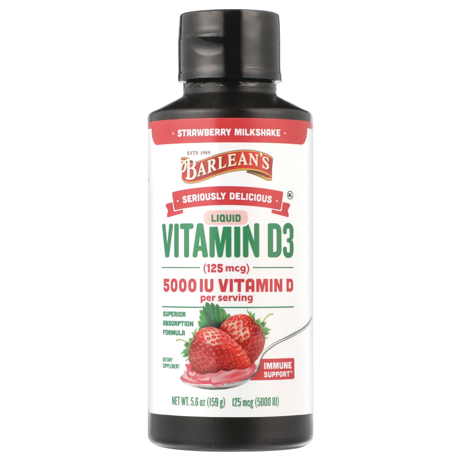 BAR105 | Barlean's Liquid Vitamin D3 5000 IU strawberry milkshake bottle, 5.6 oz