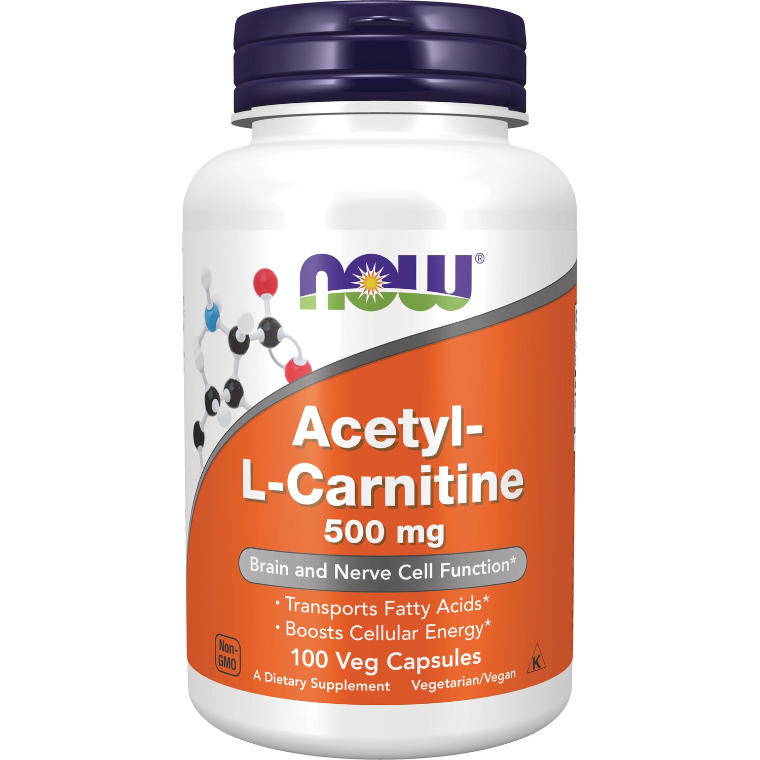 NWF012 | NOW Acetyl-L-Carnitine 500 mg white bottle with orange label, 100 Veg Capsules