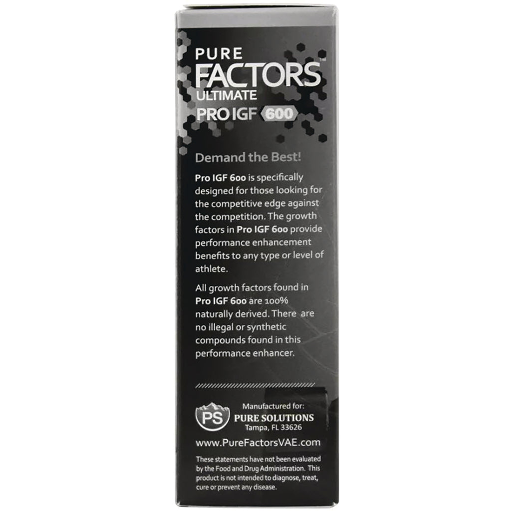 PSL006 | Back panel of Pure Factors Pro IGF 600 box with product description and manufacturer info - Thumbnail