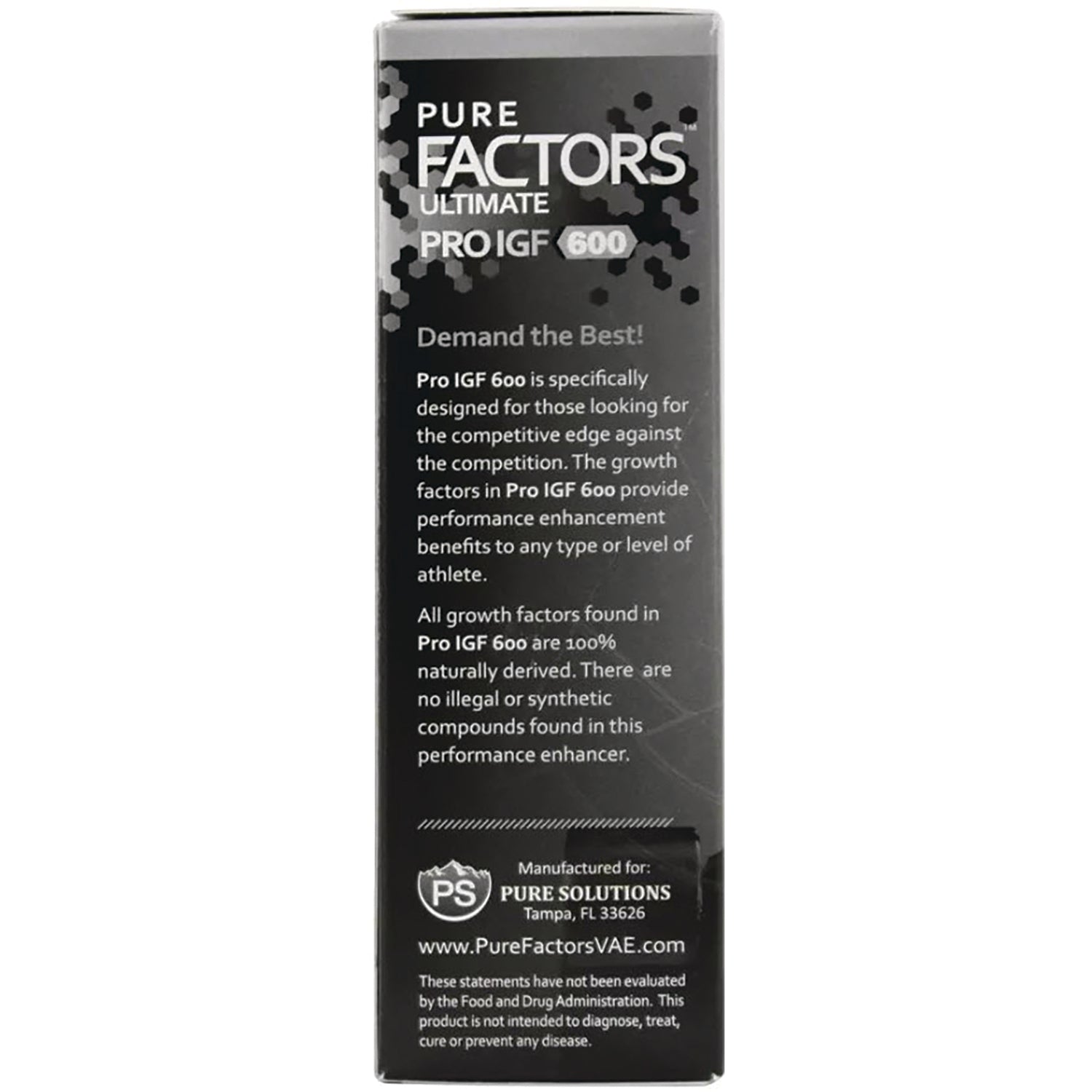 PSL006 | Back panel of Pure Factors Pro IGF 600 box with product description and manufacturer info