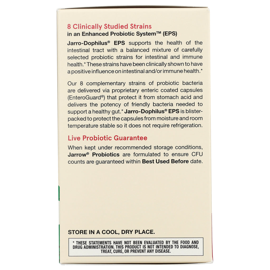JR063 | box panel listing 8 clinically studied strains, Jarro-Dophilus EPS probiotic benefits and storage instructions - Thumbnail