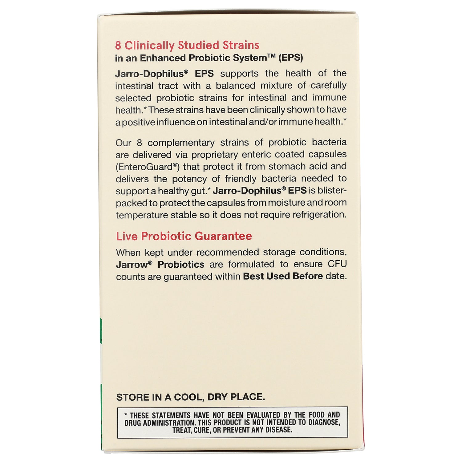 JR063 | box panel listing 8 clinically studied strains, Jarro-Dophilus EPS probiotic benefits and storage instructions