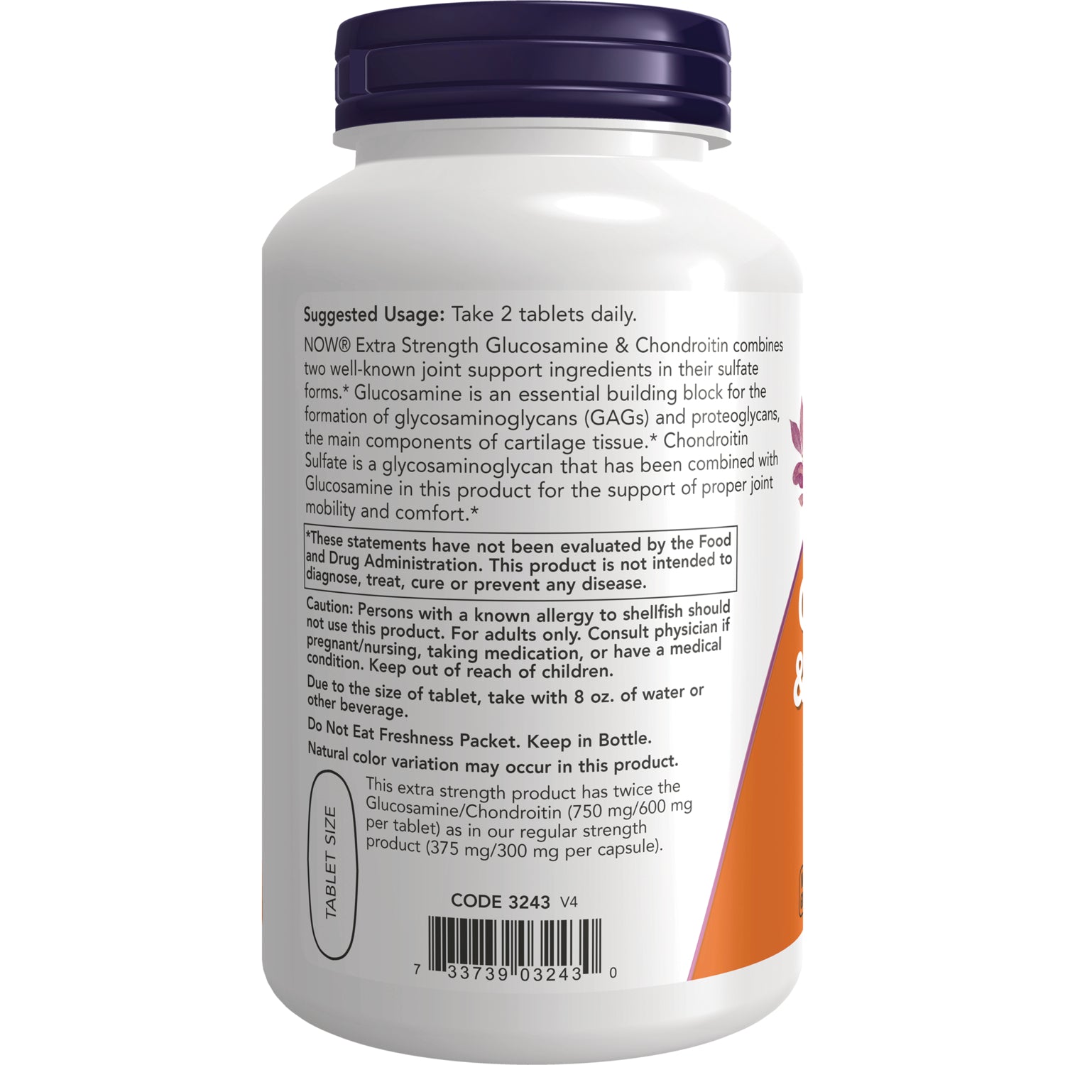 NWF049 | back label of white supplement bottle showing suggested usage, caution text, tablet size note and barcode