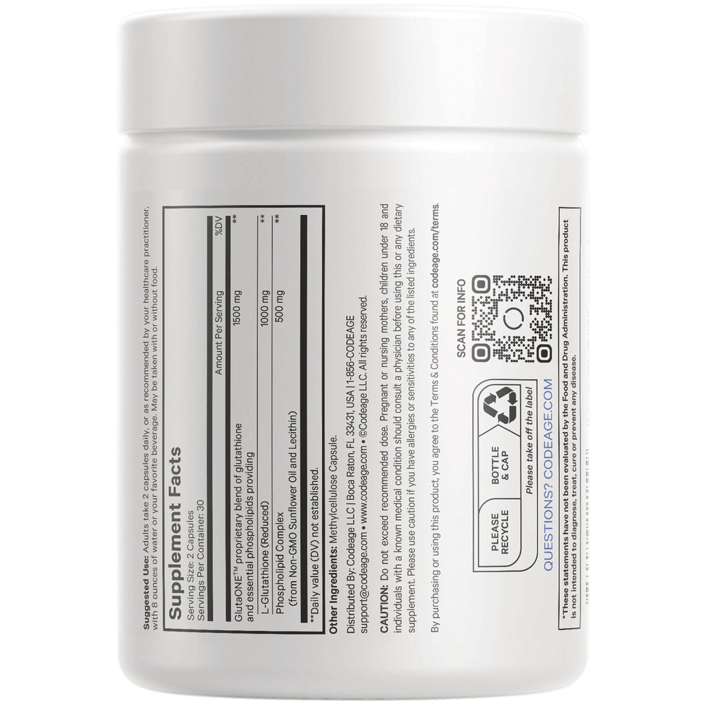 CDG047 | Back of white supplement bottle showing supplement facts panel, ingredient list and QR code - Thumbnail