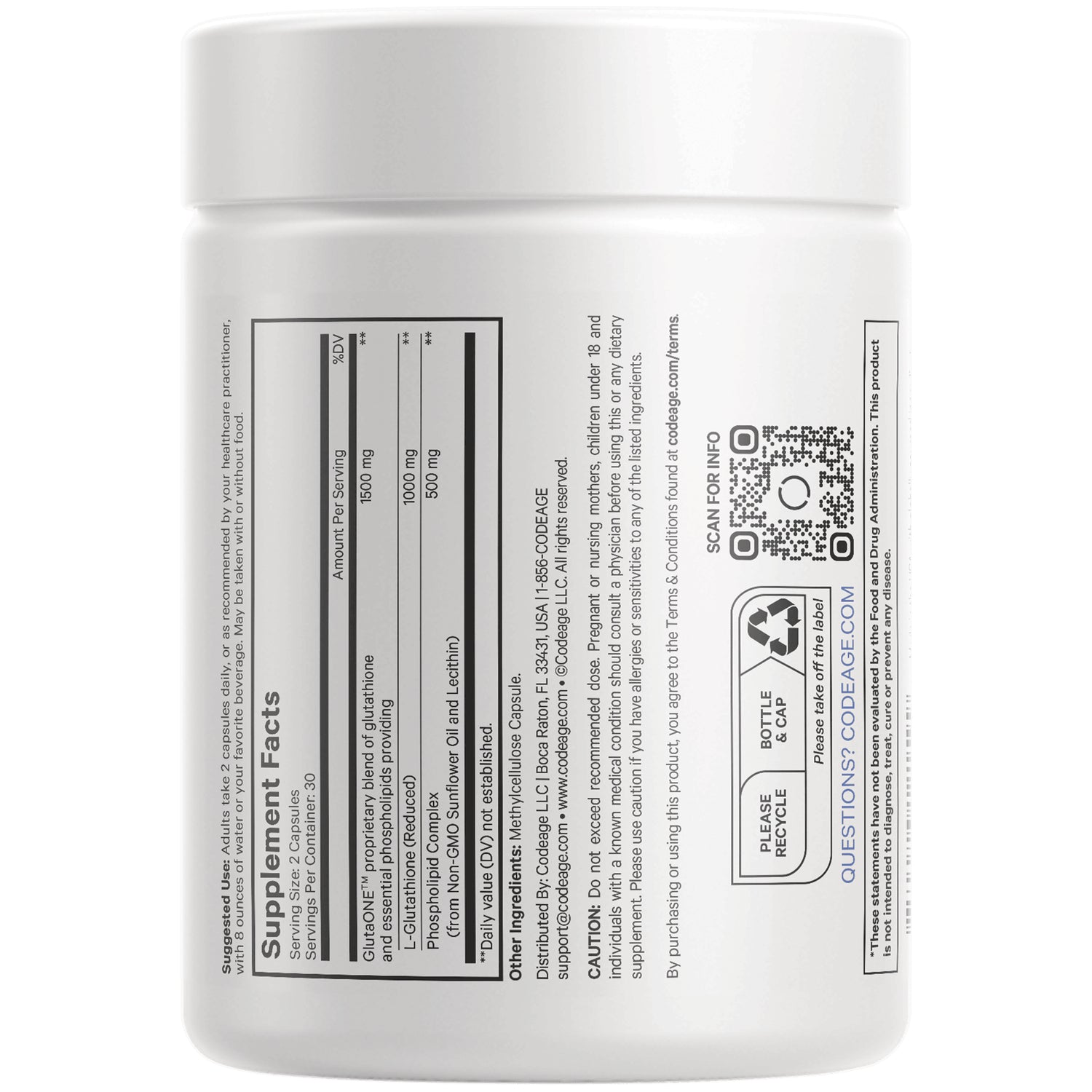 CDG047 | Back of white supplement bottle showing supplement facts panel, ingredient list and QR code