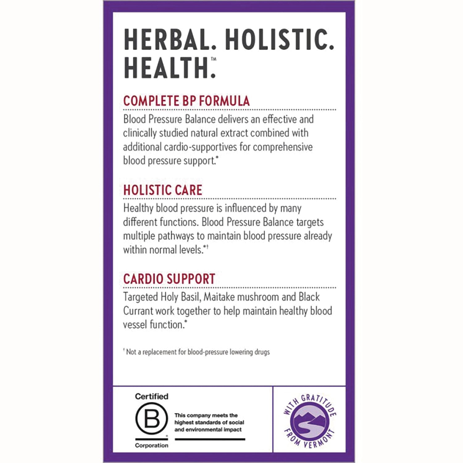NWC283 | Product infographic for Blood Pressure Balance showing Complete BP Formula, Holistic Care, Cardio Support and certifications