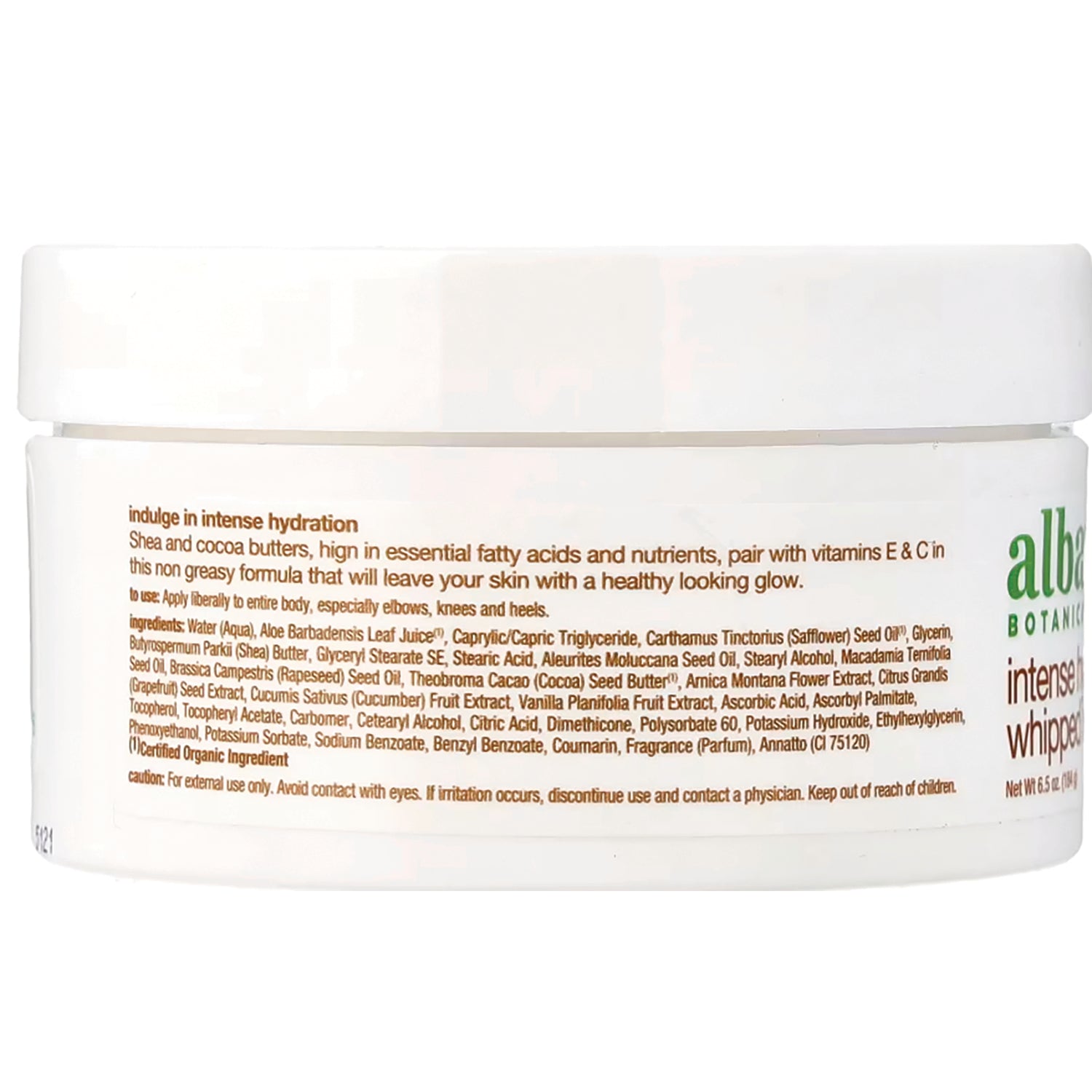 ABA042 | Back label of white jar showing ingredients and text 'indulge in intense hydration'