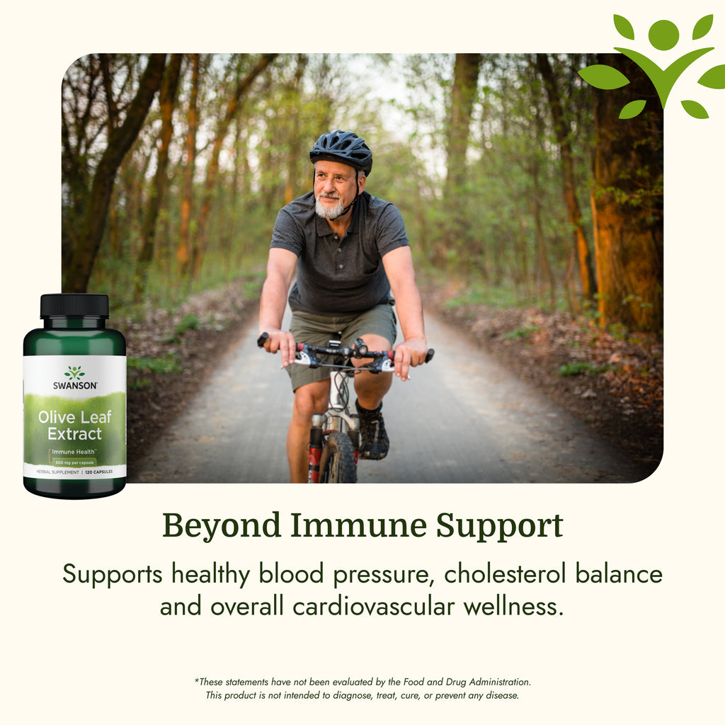 SWH159 | Man biking on a wooded trail beside Swanson Olive Leaf Extract supplement pack and cardiovascular wellness claims - Thumbnail