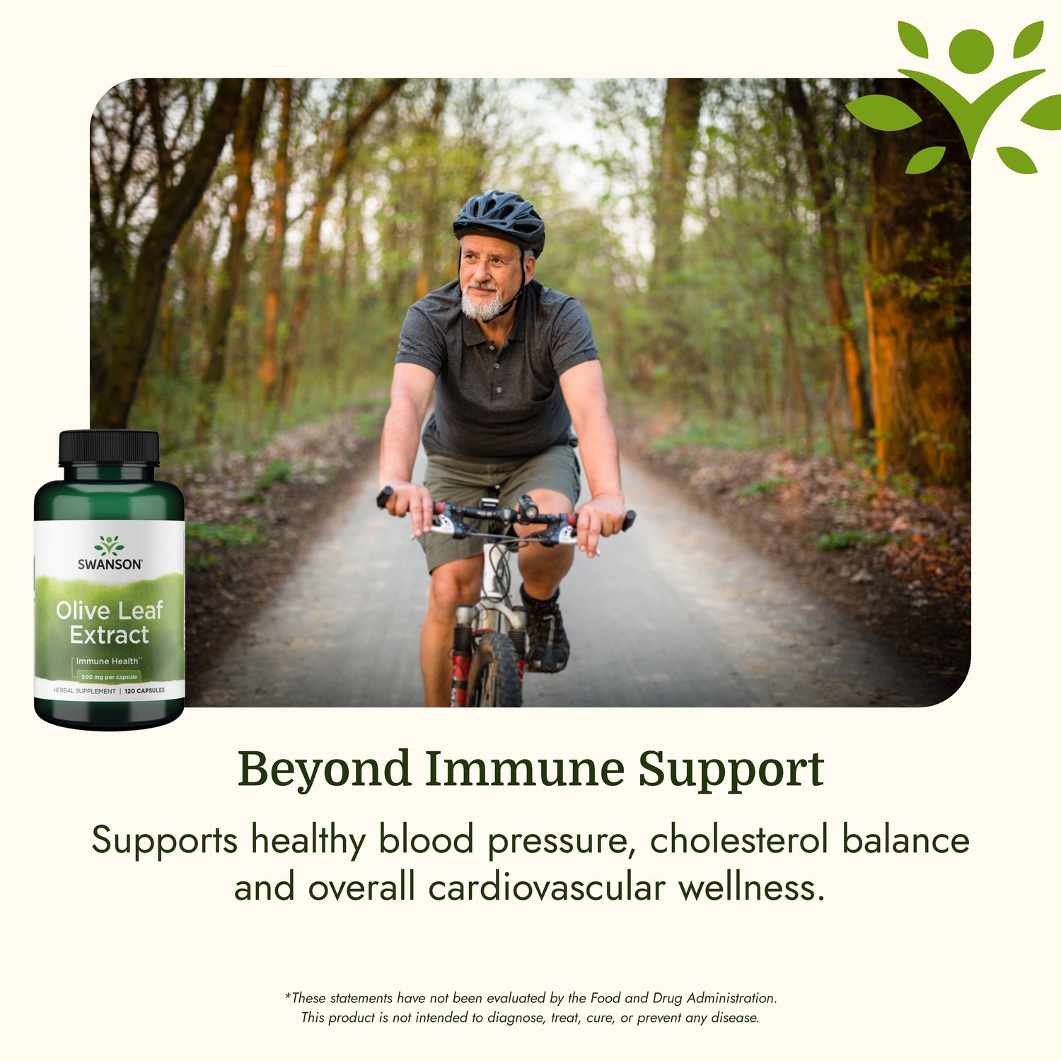 SWH159 | Man biking on a wooded trail beside Swanson Olive Leaf Extract supplement pack and cardiovascular wellness claims
