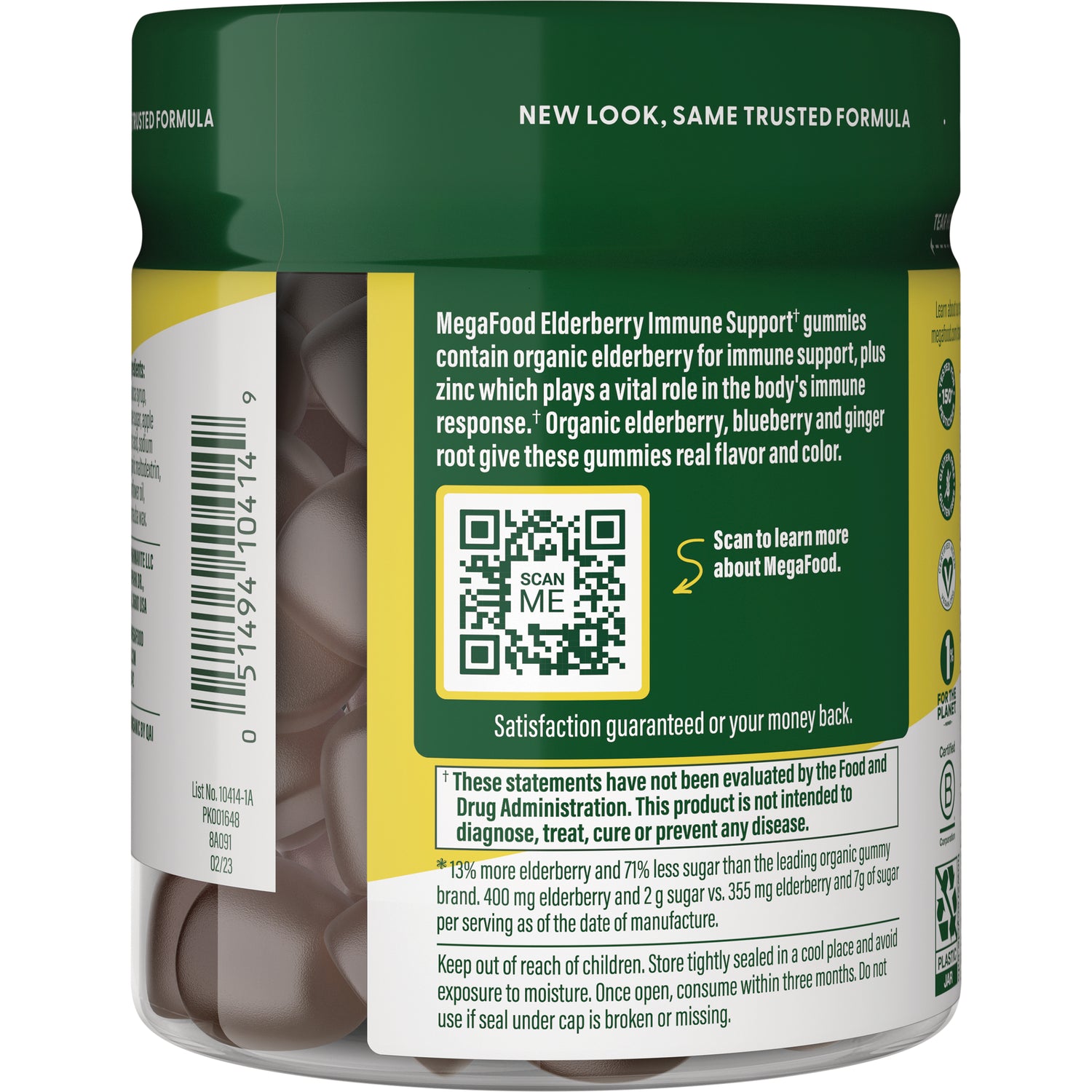 MGF106 | Back label of MegaFood Elderberry Immune Support gummies showing QR code, barcode, product claims and safety warnings