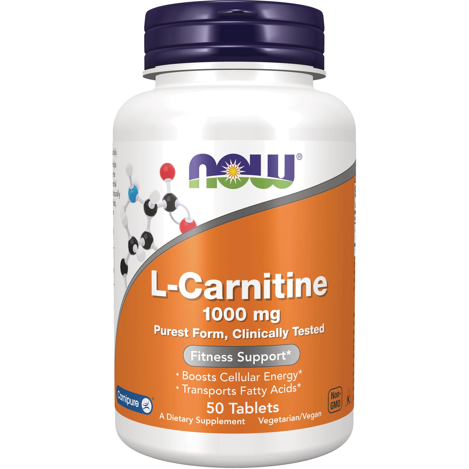 NWF829 | NOW L-Carnitine 1000 mg supplement bottle, orange label, 50 tablets
