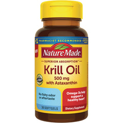 NTM151 | Nature Made Krill Oil 500 mg bottle with Astaxanthin, 30 softgels, yellow label