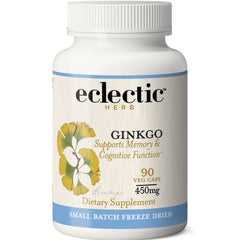 EC004 | White bottle of Eclectic Herb Ginkgo dietary supplement label, 90 veg caps 450mg, small batch freeze dried