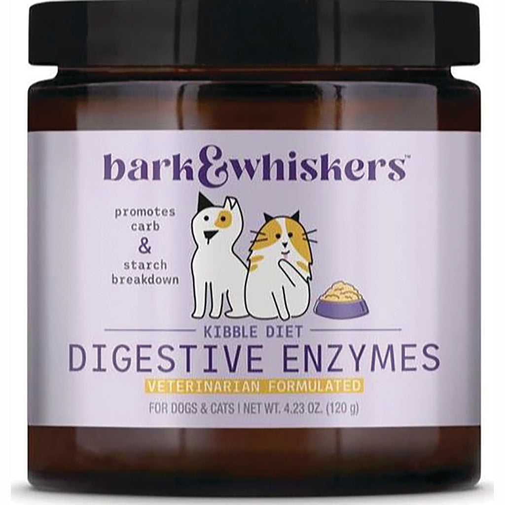 MRC112 | Bark & Whiskers Digestive Enzymes jar with purple label showing two cartoon cats, veterinarian formulated for dogs & cats - Thumbnail