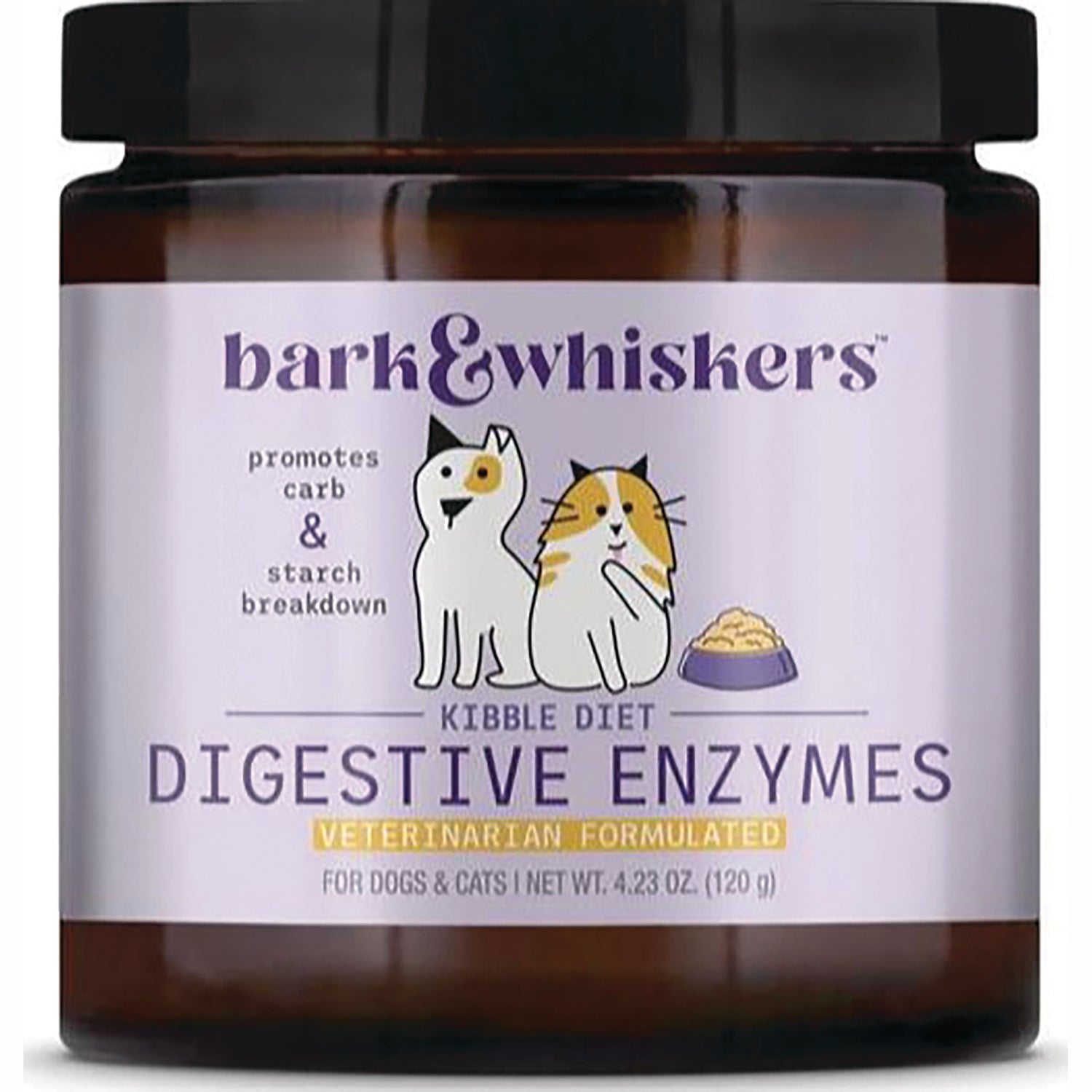 MRC112 | Bark & Whiskers Digestive Enzymes jar with purple label showing two cartoon cats, veterinarian formulated for dogs & cats