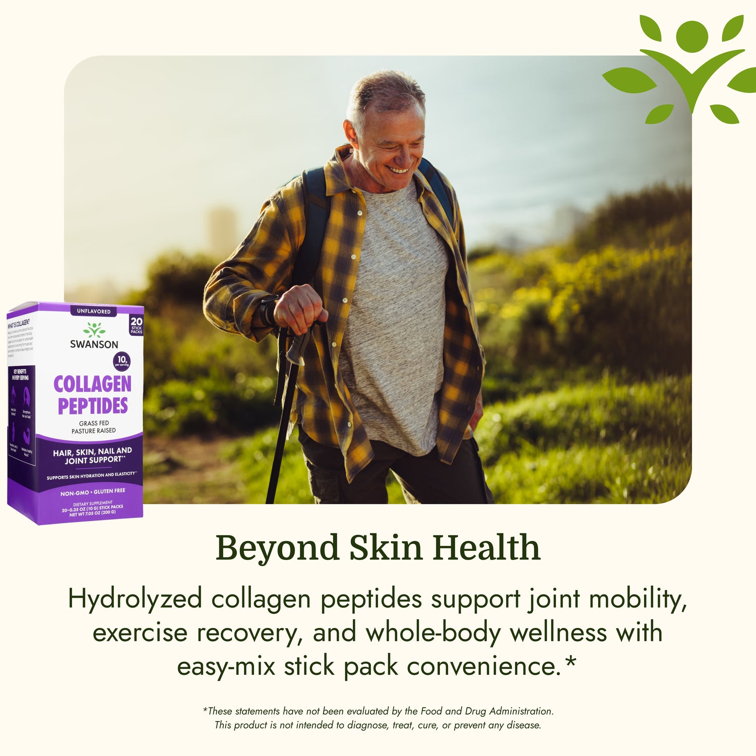 SW1968 | Man hiking with Swanson Collagen Peptides box and text about joint mobility and recovery