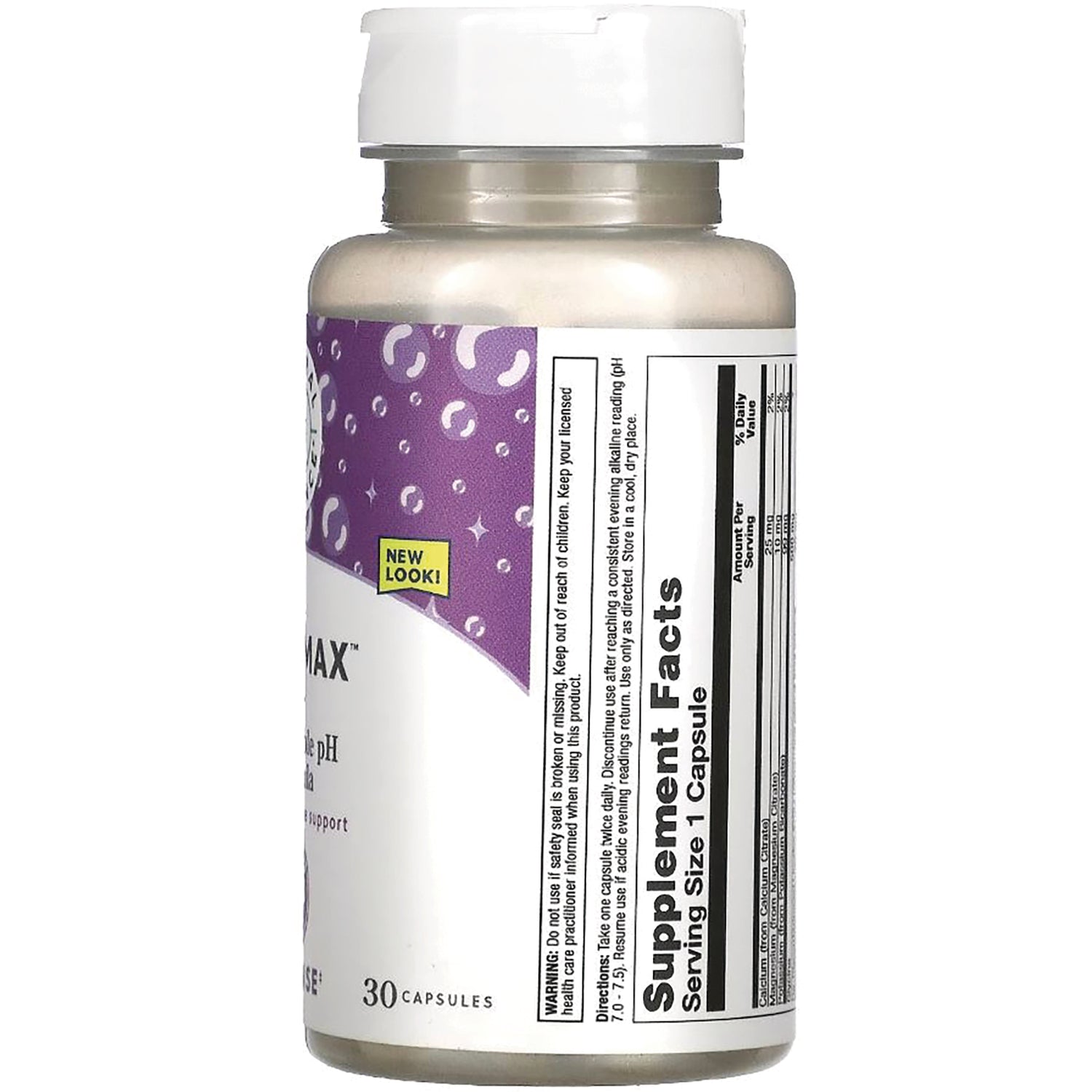 NBL017 | back of white supplement bottle showing supplement facts panel, serving size 1 capsule and purple label labeled NEW LOOK!