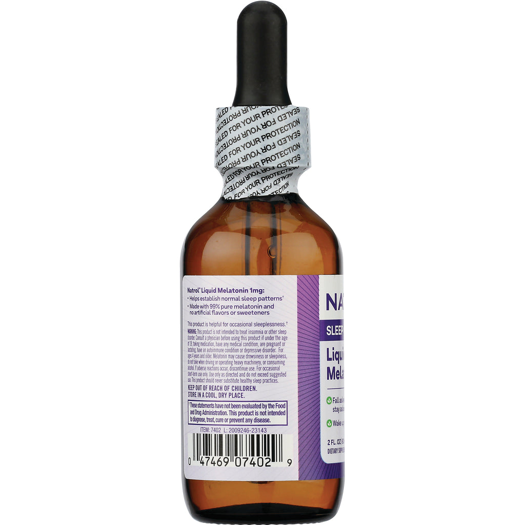 NA618 | back label of amber dropper bottle showing supplement facts and instructions, melatonin 1 mg - Thumbnail