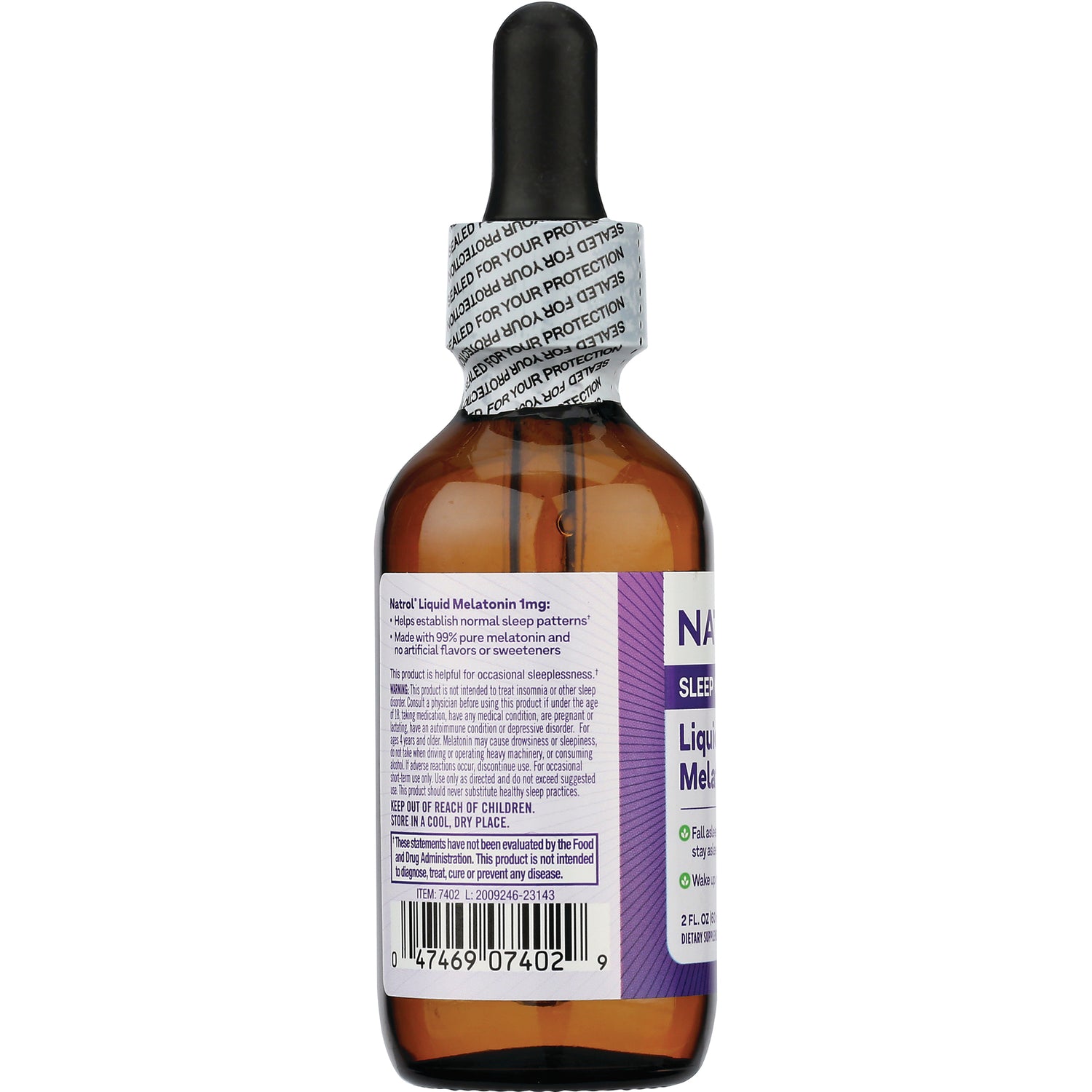 NA618 | back label of amber dropper bottle showing supplement facts and instructions, melatonin 1 mg