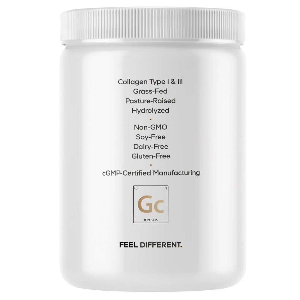 CDG028 | Back of white supplement jar listing Collagen Type I & III, grass-fed, pasture-raised, hydrolyzed, non-GMO, soy-free, dairy-free, gluten-free, FEEL DIFFERENT - Thumbnail