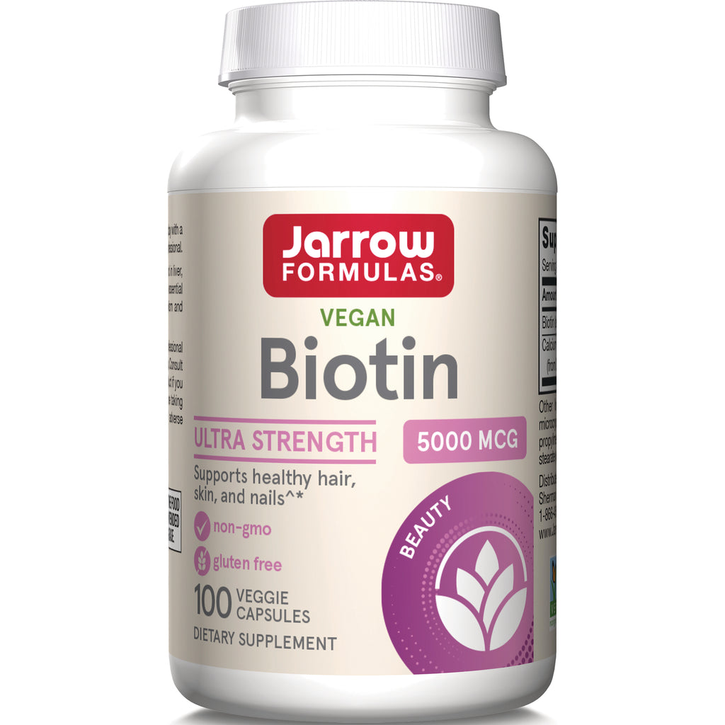JR111 | Jarrow Formulas vegan Biotin bottle front label, Ultra Strength 5000 MCG, 100 veggie capsules - Thumbnail