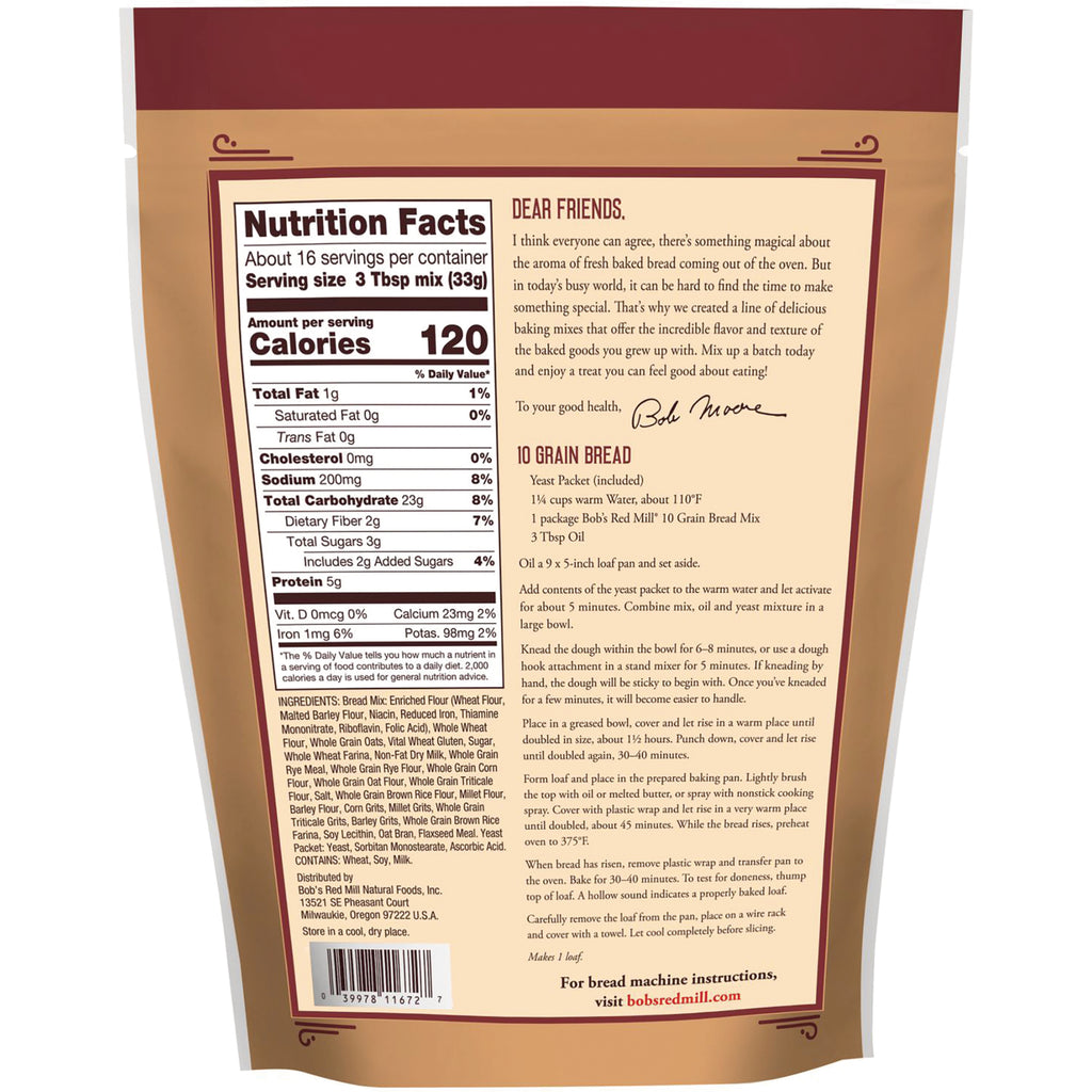 BOB442 | Back of package showing nutrition facts, ingredients and 10 Grain Bread recipe - Thumbnail