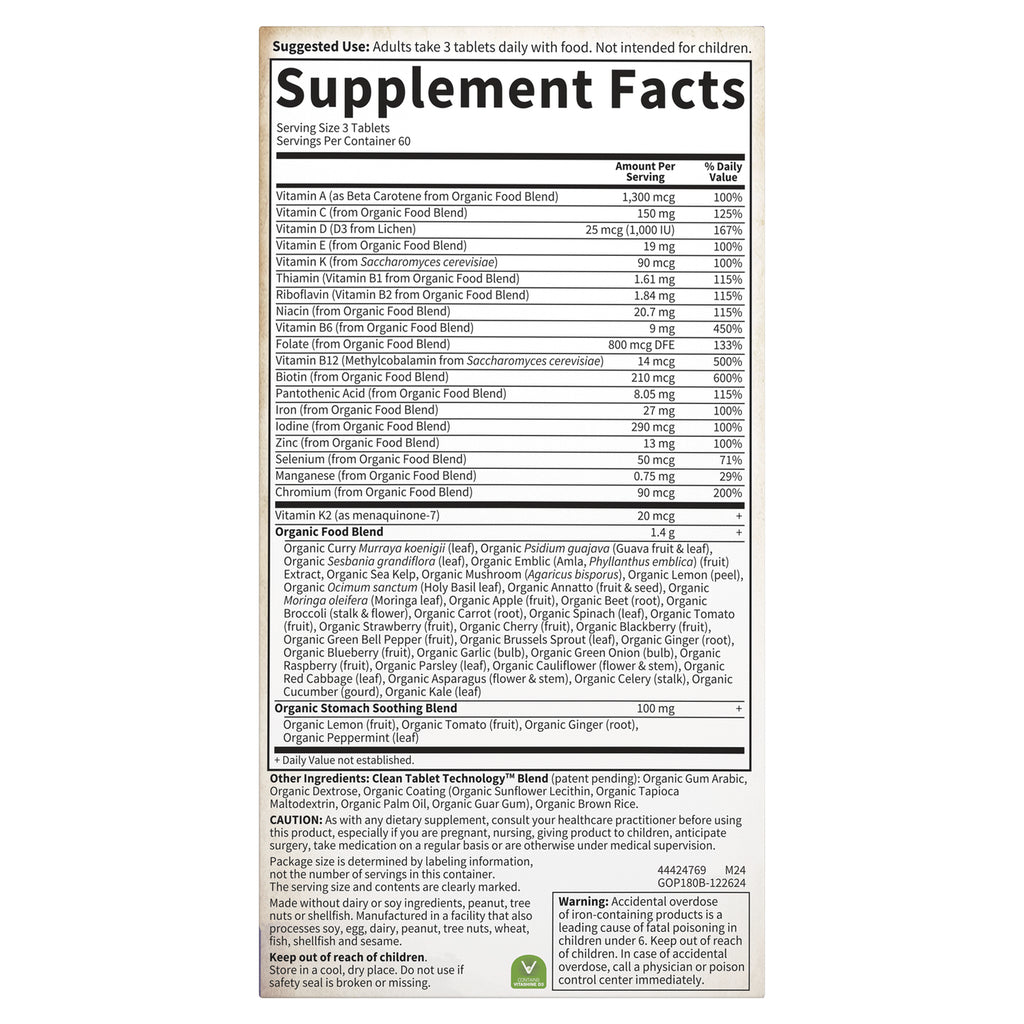 GLF184 | Supplement Facts panel showing vitamin and mineral amounts, serving size, and organic food blends on back label - Thumbnail
