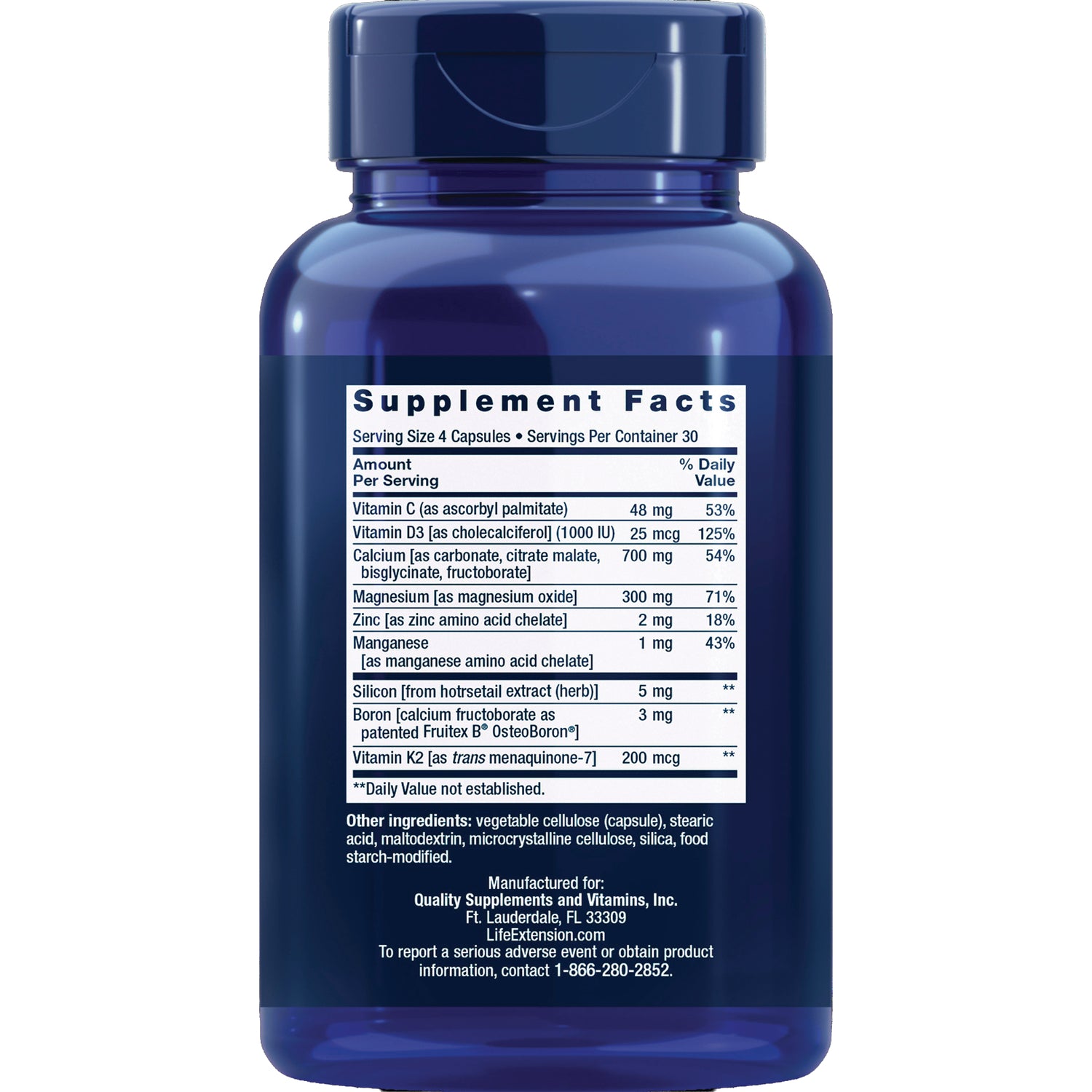 LE289 | Back of blue supplement bottle showing Supplement Facts nutrition panel and ingredients list