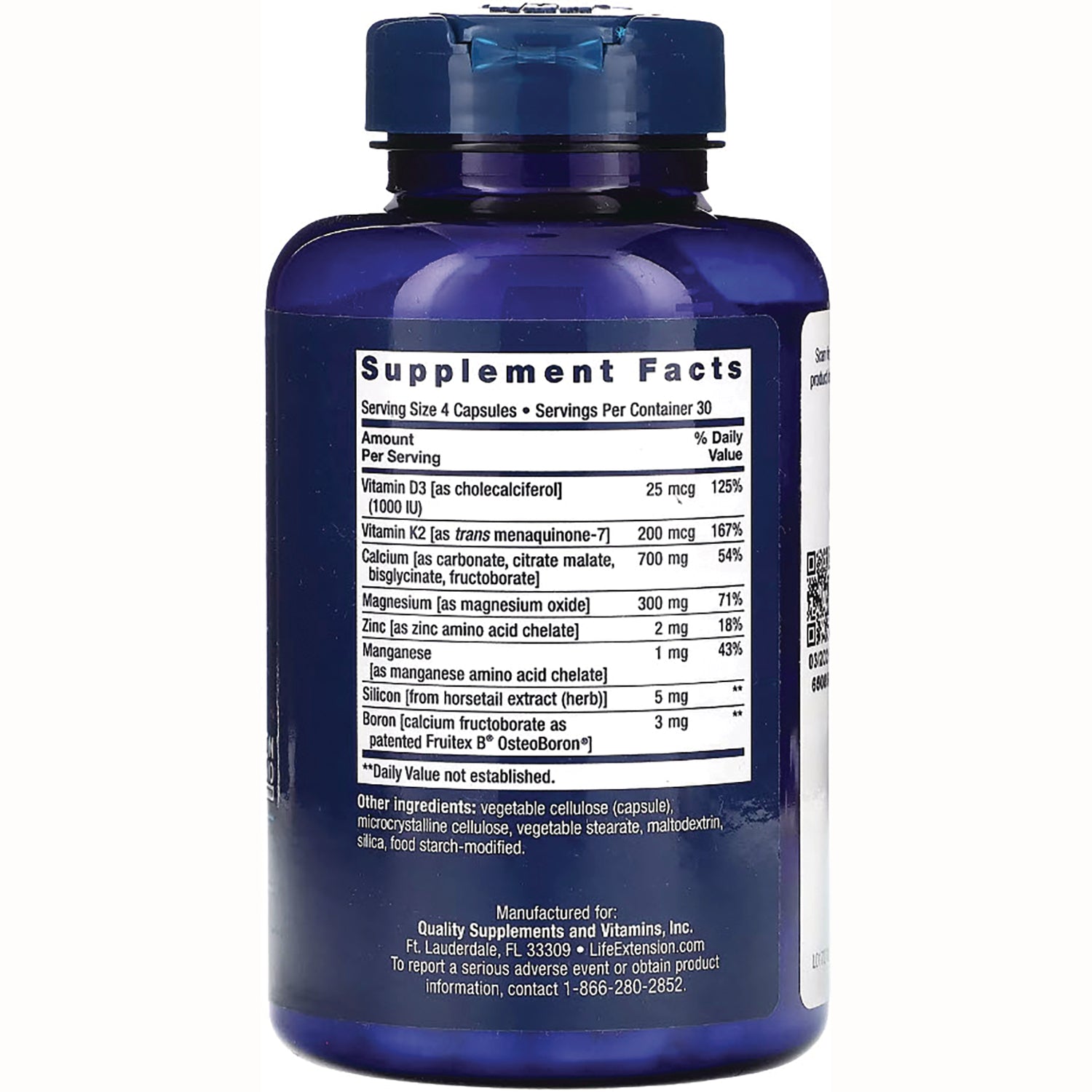 LE289 | Back of blue supplement bottle showing Supplement Facts nutrition panel and ingredients list