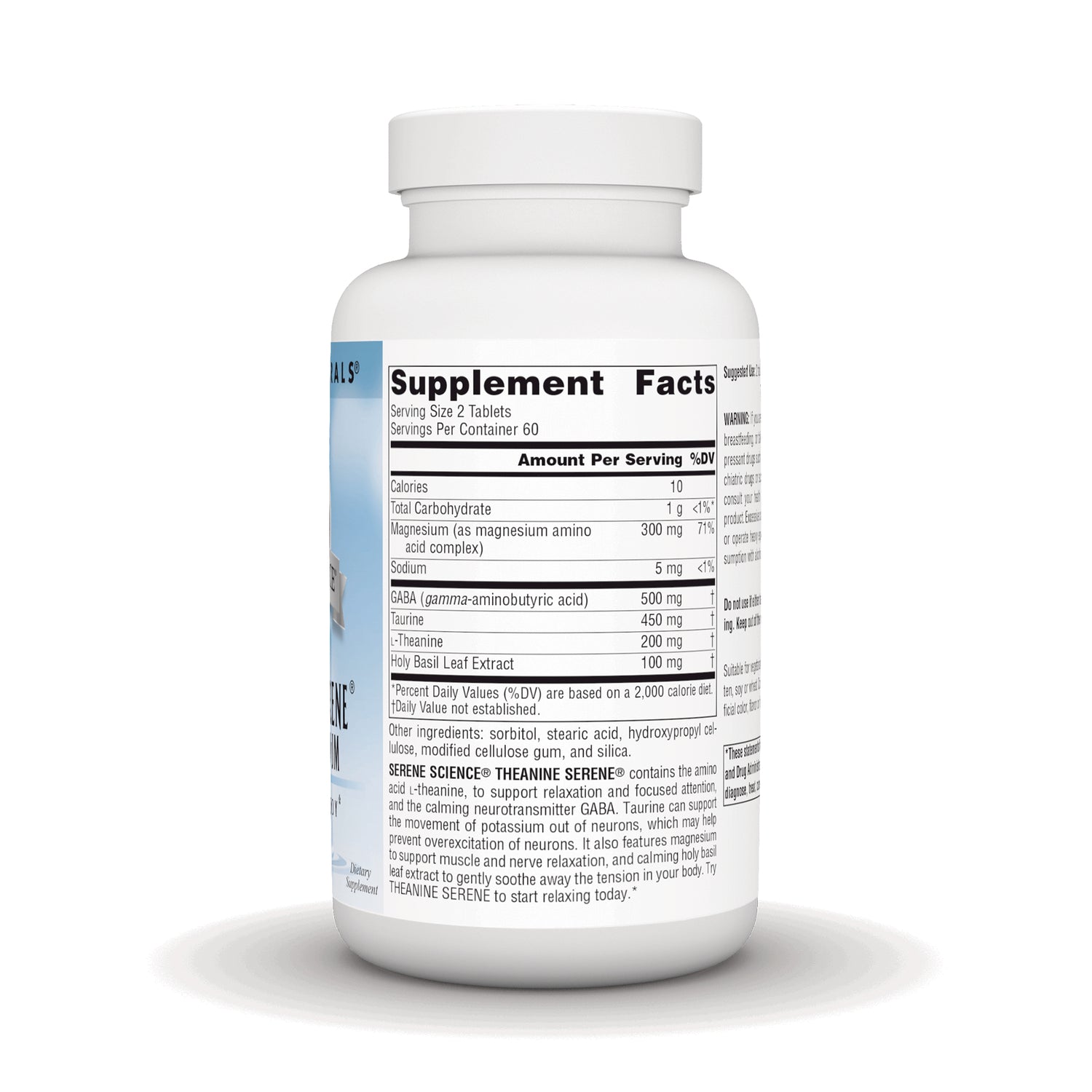 SN495 | Back label with Supplement Facts and ingredients for Serene Science Theanine Serene