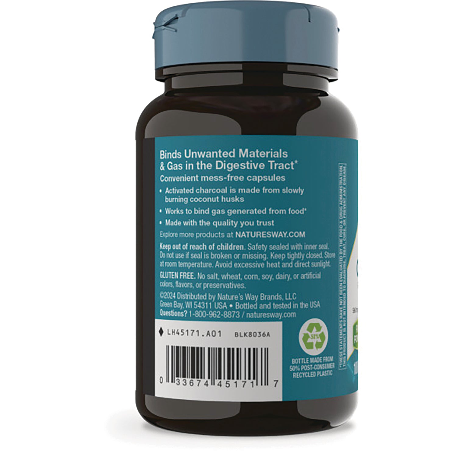 NW380 | Back label of dark supplement bottle showing benefits text, barcode, and recycling symbol