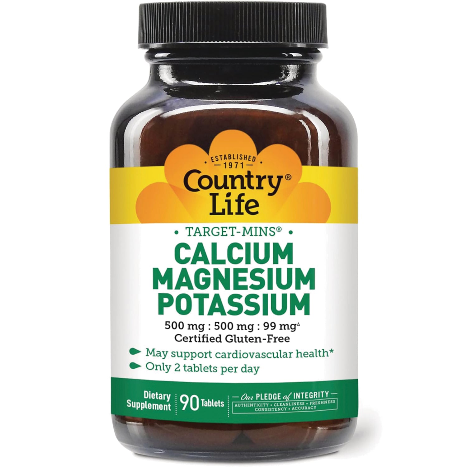CRL017 | Country Life Target-Mins calcium magnesium potassium supplement bottle front label, 90 tablets