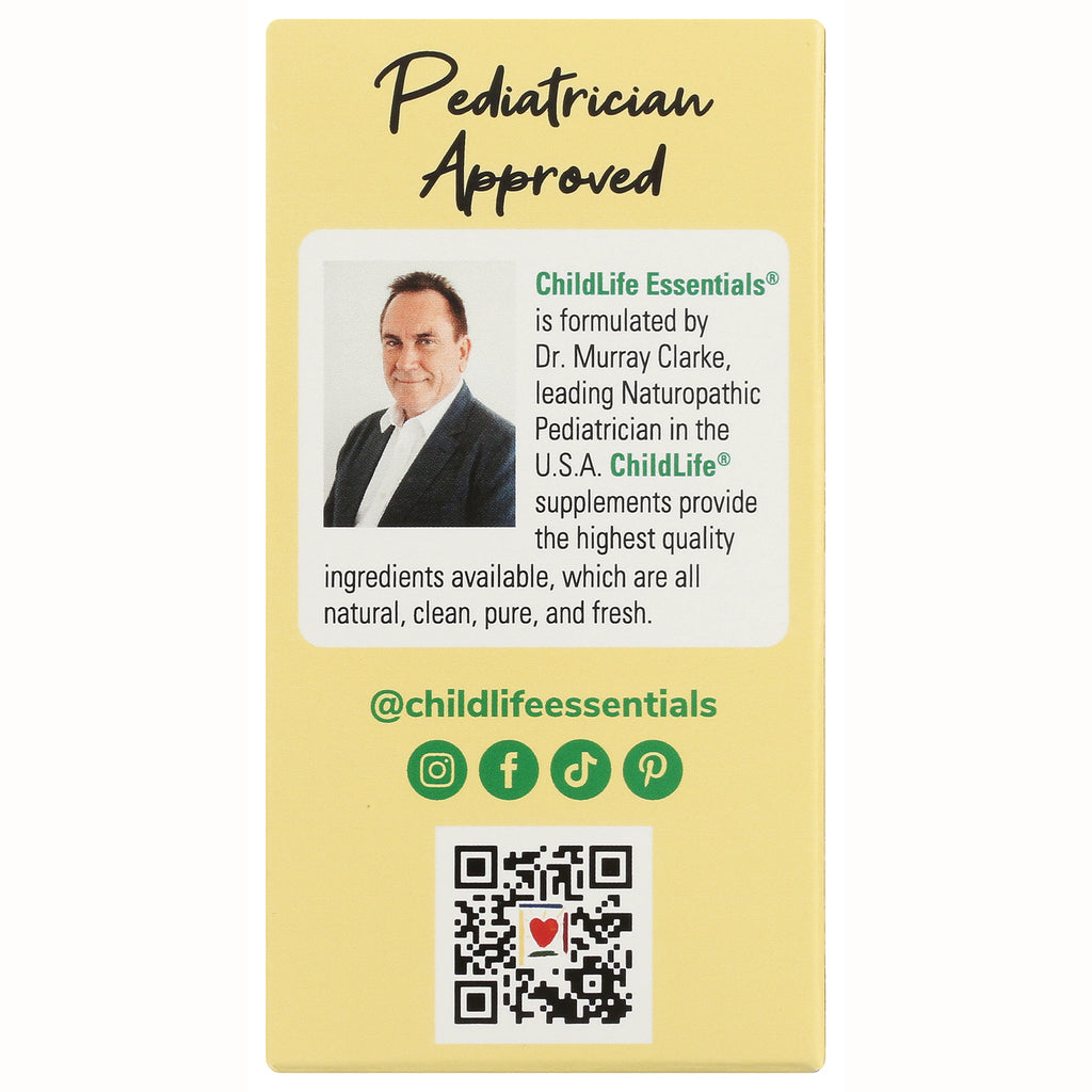 CHL022 | Yellow product infographic titled Pediatrician Approved with doctor photo, ChildLife Essentials text, social icons and QR code - Thumbnail