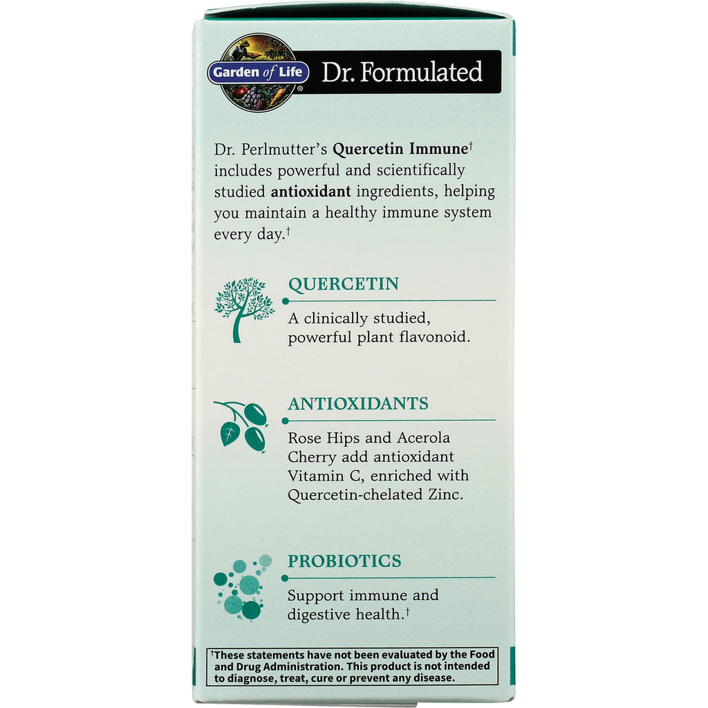 GLF360 | product infographic listing Quercetin, Antioxidants, and Probiotics benefits on Garden of Life Dr. Formulated box - Thumbnail