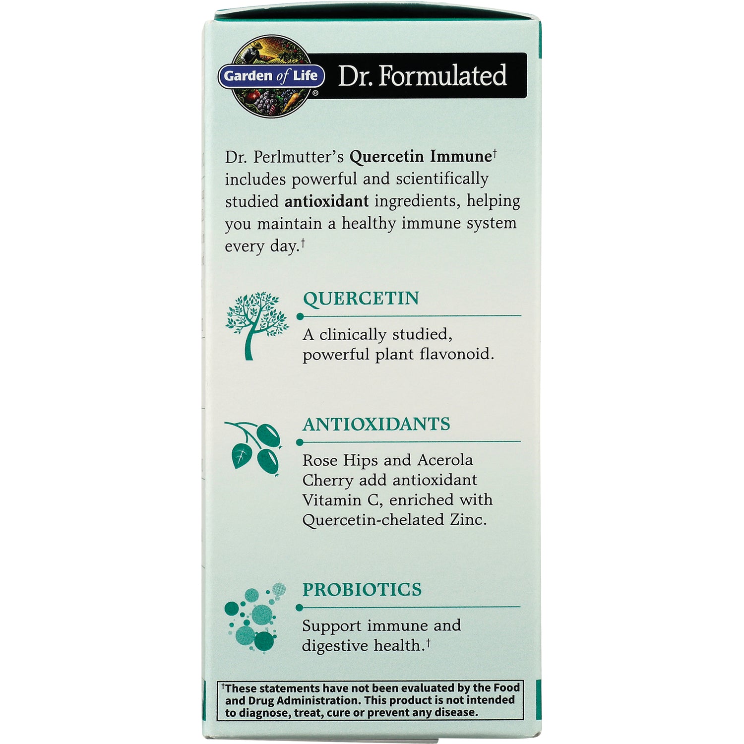 GLF360 | product infographic listing Quercetin, Antioxidants, and Probiotics benefits on Garden of Life Dr. Formulated box