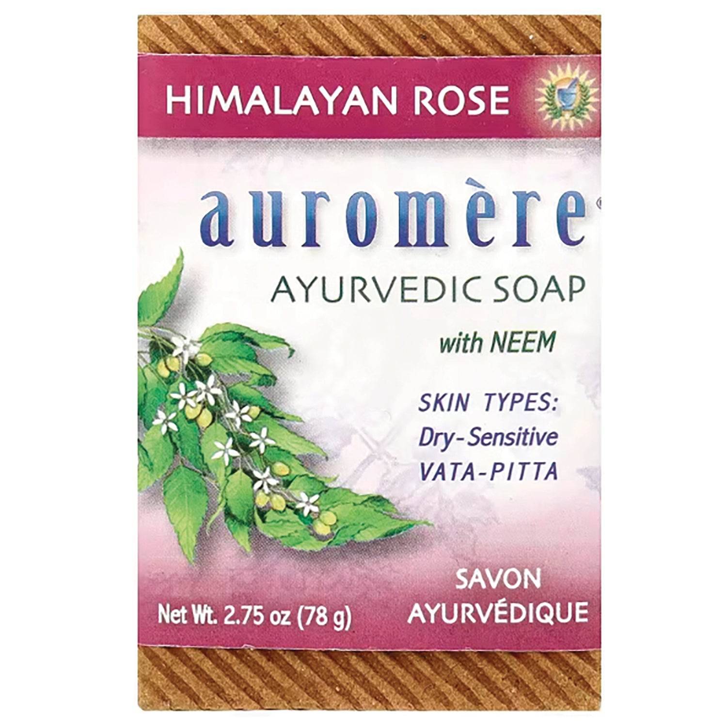 AUR004 | Auromre Ayurvedic Himalayan Rose soap packaging with neem, net wt 2.75 oz (78 g), botanical illustration