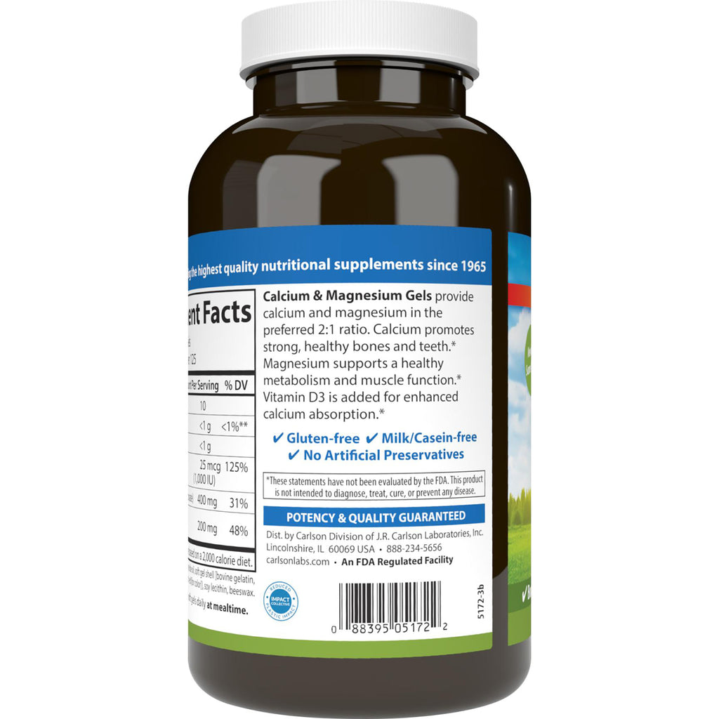 CSN195 | Back label of brown supplement bottle showing Calcium & Magnesium Gels text, nutrition facts, gluten-free claims and barcode - Thumbnail