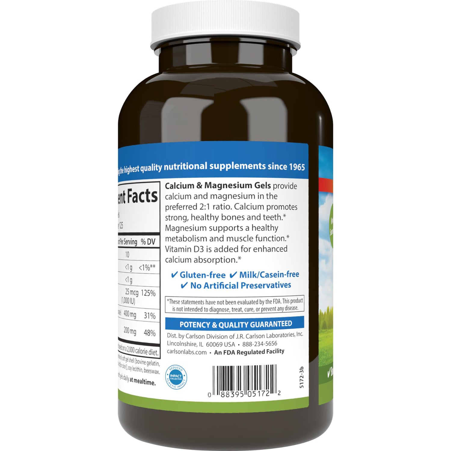 CSN195 | Back label of brown supplement bottle showing Calcium & Magnesium Gels text, nutrition facts, gluten-free claims and barcode