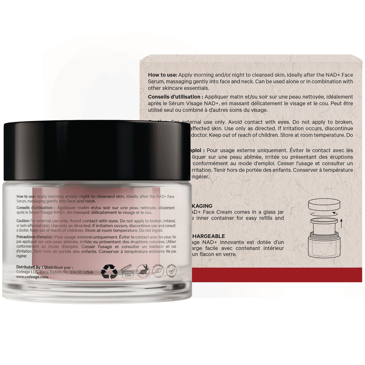 Glass jar back showing usage instructions, caution text, recycling symbols and packaging diagram